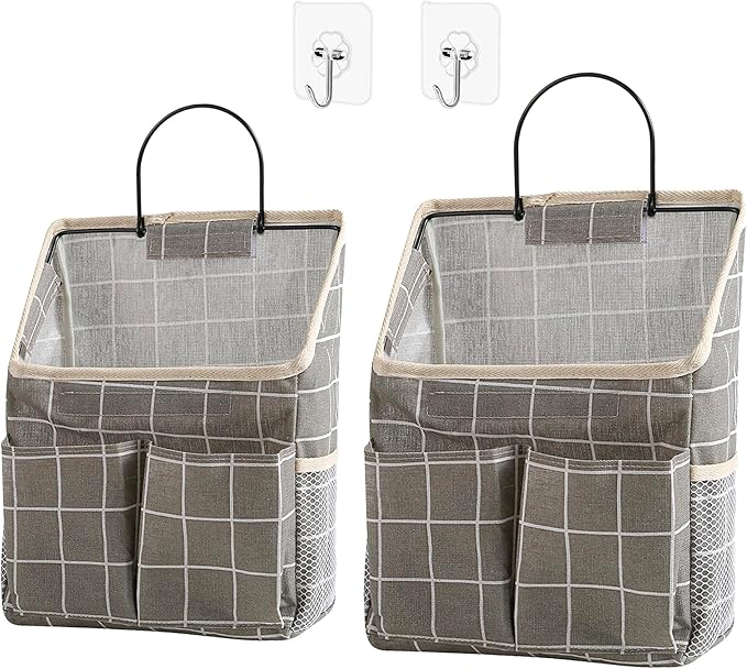 2pcs Wall Hanging Storage Bag,Wall Hanging Organizer Bags with Pockets, Wall Organizer Storage for Dormitory Bathroom Bedroom Kitchen(Grey Grid)