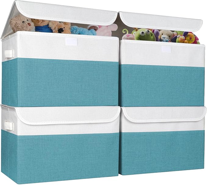 Large 22 Quart Linen Fabric Foldable Storage Bin Cube Organizer Basket with Flip-Top Lid & Handles, Clothes Blanket Box for Home, Office, Closet, Teal & White, 4 Pack 14.6 x 9.5 x 9.5