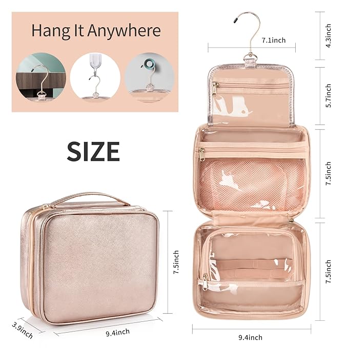Toiletry Bag for Women - Hanging Travel Toiletry Bag with 360° Hook 3 Compartments Makeup Organizer with Portable Handle PU Leather Water-resistant Cosmetic Pouch
