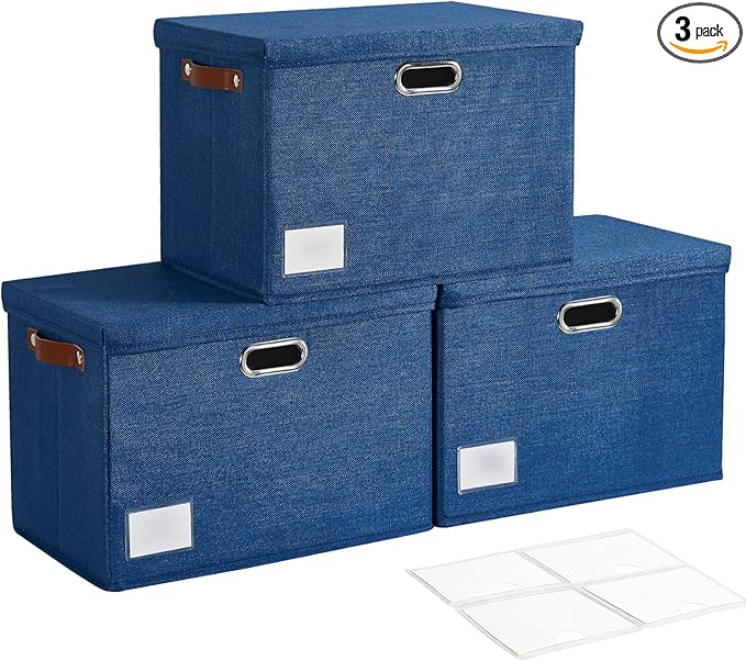 17" Large Collapsible Storage Bins with Lids, Stackable Closet Organizers with PU Handle and Labels, 3-Pack Decorative Fabric Storage Boxes for Home, Bedroom, Closet, Office, Nursery(Navy)