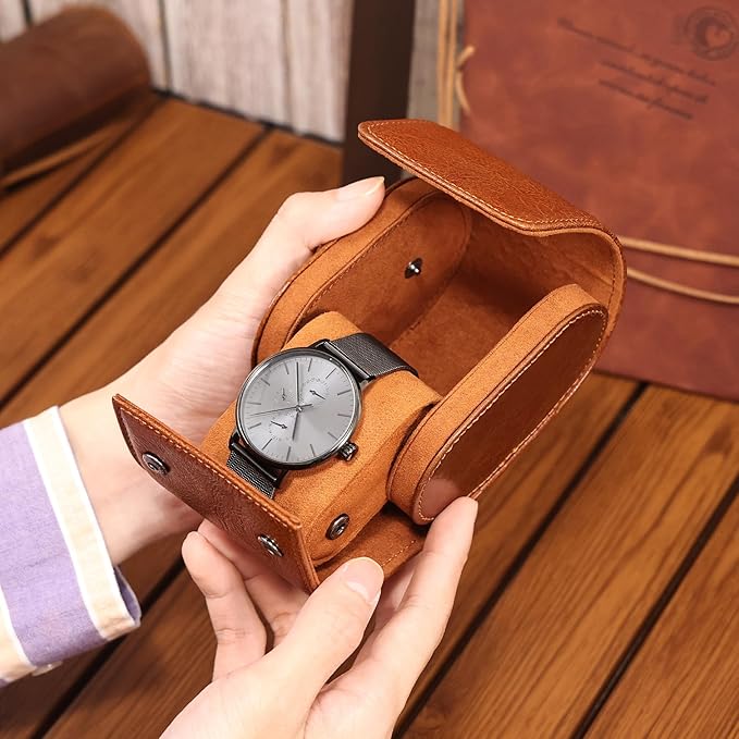 JOYIR Single Watch Roll for Travel | Genuine Leather Watch Pouch Case with Pillow | Portable Protective Sleeve for Men & Women | Ideal Gift for Watch Lovers, Father's Day