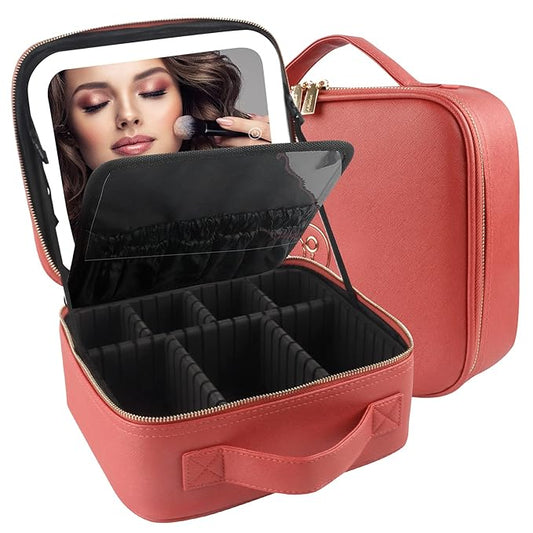 MOMIRA Travel Cosmetic Train Case with Lighted Mirror 3 Color Scenarios Cosmetic Bag Organizer with Adjustable Dividers Makeup Storage for Women, Makeup Accessories & Tools Case Red