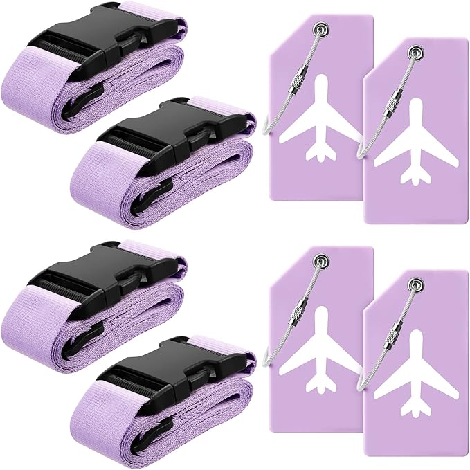 Weewooday 8 Pcs Luggage Straps Suitcase Tags Set for TSA Approved, 4 Travel Adjustable Suitcase Belt, 4 Silicone Luggage Tags with Name ID Card Travel Accessories(Light Purple,Airplane)