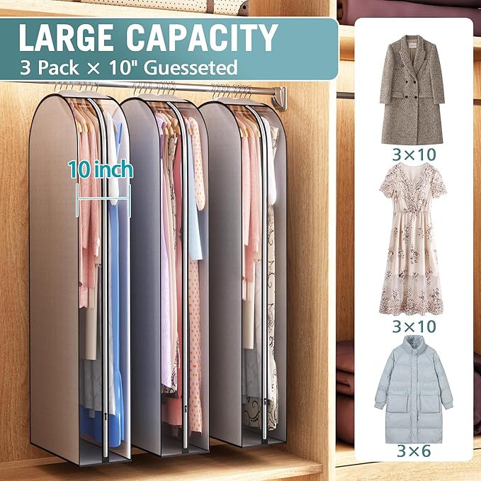 10" Gusseted Garment Bags for Hanging Clothes 60" Suit Bags for Open Closet Storage, Side Clear Clothing Cover for Coat, Dress, Jacket, Shirt, Fur Wardrobe Protector, 3 Packs, Grey