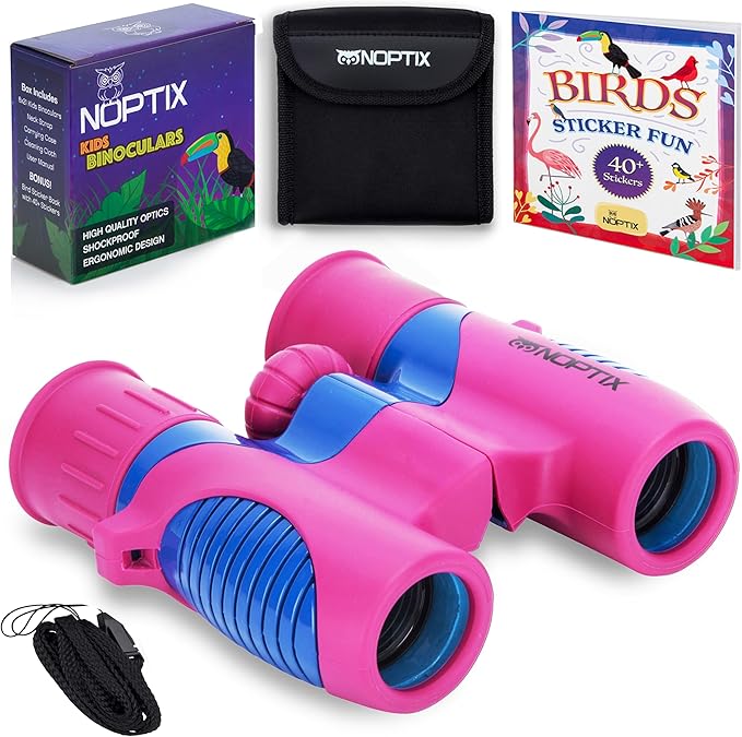 Binoculars for Kids, Girls or Boys Real Kids Binoculars in Vibrant Pink Blue - includes Sticker Book with 40 Bird Species - Kids Toys Small Binoculars, Toddler Binoculars