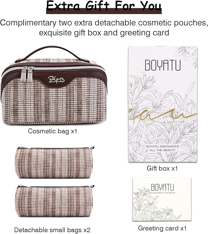Travel Makeup Bag for Women: Large Capacity Open Flat Make up Bag Set of 3 - Vegan Leather Cosmetic Bag with Compartments - Waterproof Toiletry Bag with Handle & Divider(Brown)