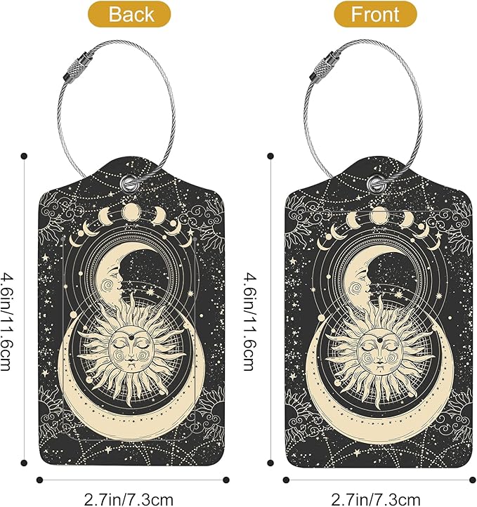 2Pack Luggage Tags for Suitcases, Cute Unique Pu Leather Cruise Luggage Tag with Privacy Cover ID Label Address Card and Metal Ring Suitable for Women Men Kids Travel Bag Sun and Moon Face