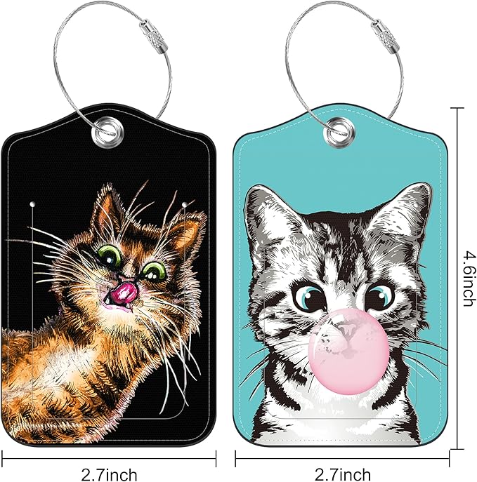 2 PCS Leather Luggage Tags for Suitcase Cute Cat Travel Luggage Tag with Privacy Flap Name ID Label and Metal Loop for Travel Bag Suitcase