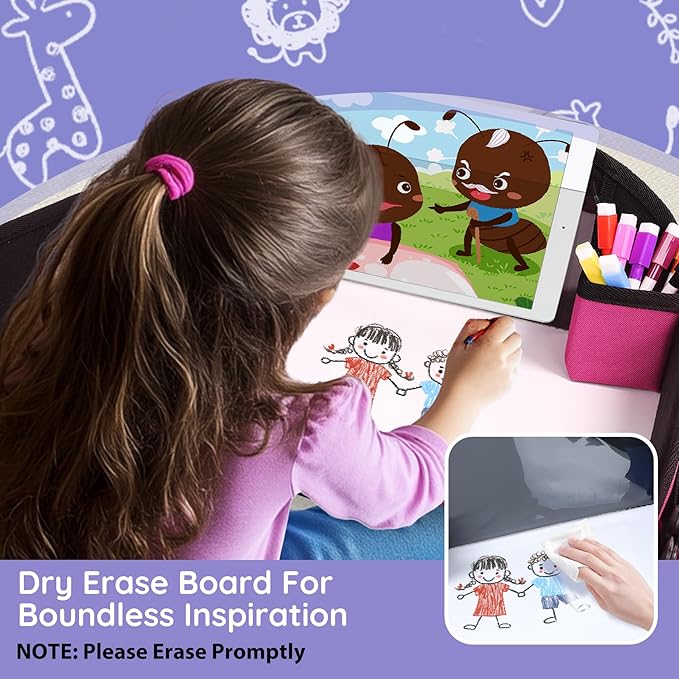 ‎Kids Travel Tray, Kids Travel Trays for Car Seat, Road Trip Essentials for Toddler, Carseat Lap Tray with Dry Erase Board & Storage Organizer for Road Trip Activities for Kid, Pink