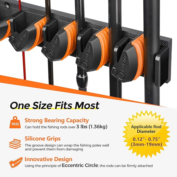PLUSINNO V9 Vertical Fishing Rod Holders, 2 Packs Wall Mounted Fishing Pole Holders, Fishing Rod Racks Hold Up to 18 Rods or Combos, Fishing Pole Holders for Garage, Fits Most Rods of Diameter 3-19mm