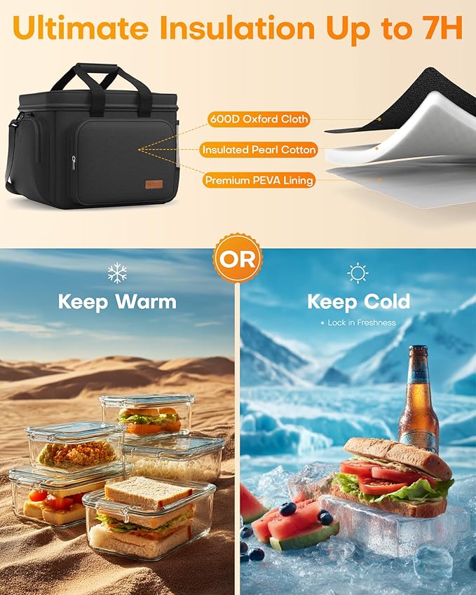 HOTOR Lunch Box for Men and Women - Leak-Proof Insulated Lunch Cooler Bag with Adjustable Strap, Multiple Pockets for Office, Picnic, Hiking, Beach, 1 Layer, 25L, Black, 15.0" x 11.0" x 12.2"
