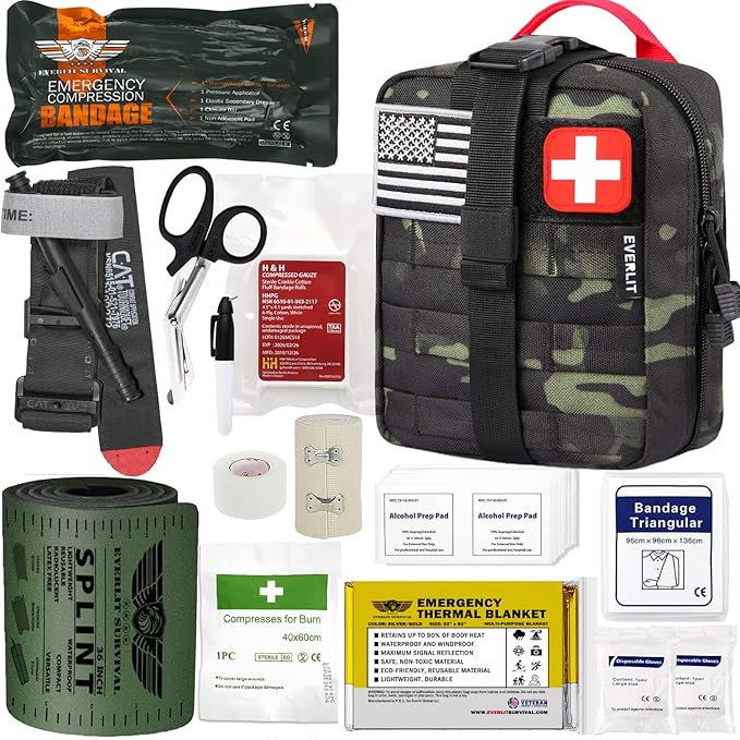 EVERLIT Emergency Trauma Kit, CAT GEN-7 Tourniquet 36" Splint, Military Combat Tactical IFAK for First Aid Response, Critical Wounds, Severe Bleeding Control (Black Camo)