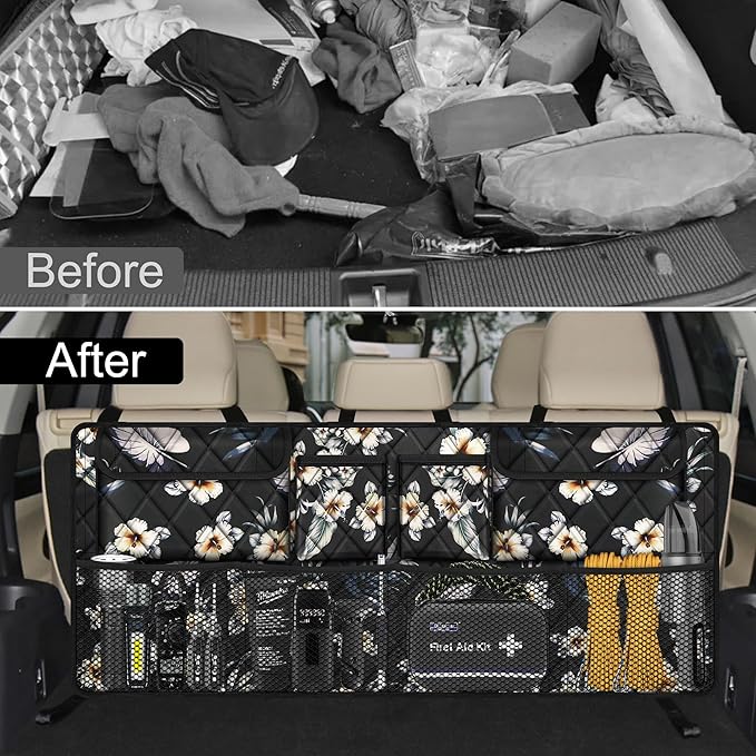 Femuar Car Trunk Organizer, Large Capacity Backseat Trunk Organizer (42"*18"), Collapsible Car Storage Bag with 8 Pockets - Hibiscus