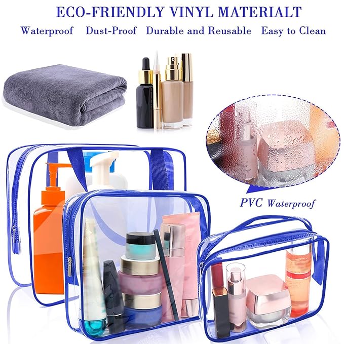 APREUTY Clear Makeup Bags, TSA Approved 6Pcs Cosmetic Makeup Bag Set Clear PVC with Zipper Handle Portable Travel Luggage Pouch Airport Airline Vacation (Blue)