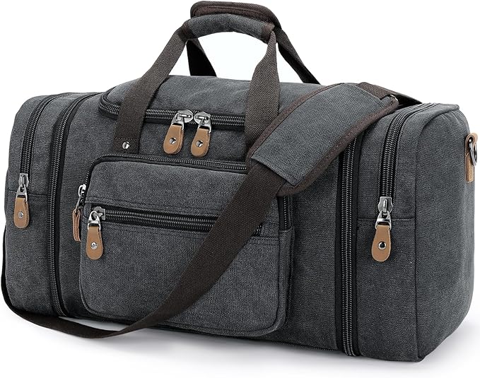Gonex Canvas Duffle Bag for Travel 60L Expandable Duffel Weekend Overnight Bag men (Dark Gray)