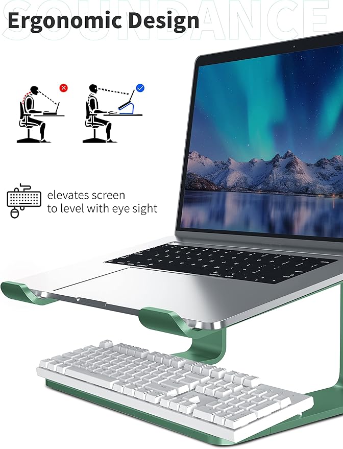 SOUNDANCE Laptop Stand, Aluminum Computer Riser, Ergonomic Laptops Elevator for Desk, Metal Holder Compatible with 10 to 15.6 Inches Notebook Computer, Green