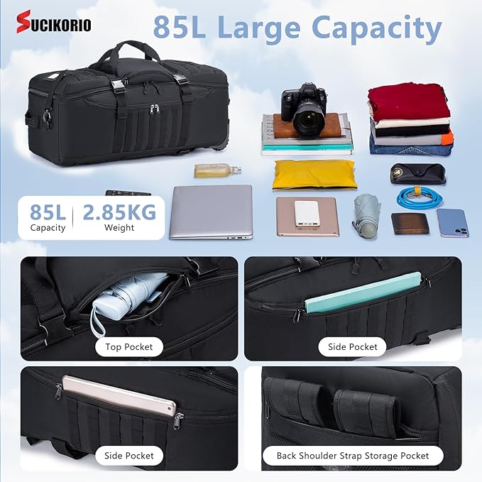 Tactical Travel Duffle Bag with Wheels and Handle 3 in 1 Large 85L XL Rolling Travelling Backpack Waterproof Oxford Carry On Hand Luggage Deployment Bags with Combination Padlock, Black