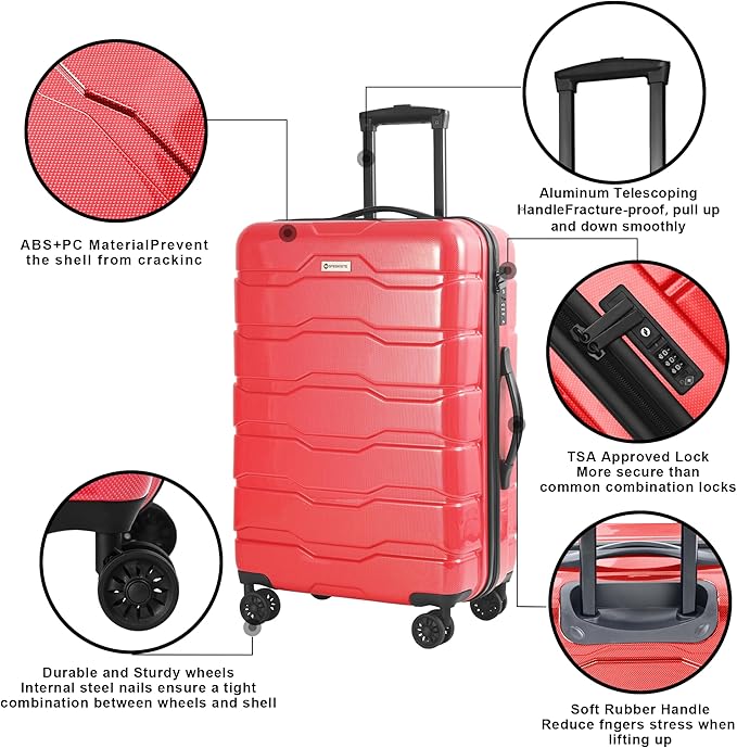 3 Piece Luggage Set, PC+ABS Lightweight Suitcase Sets with Spinner Wheels, Hardshell Luggage Sets with TSA Lock Red (20/24/28)