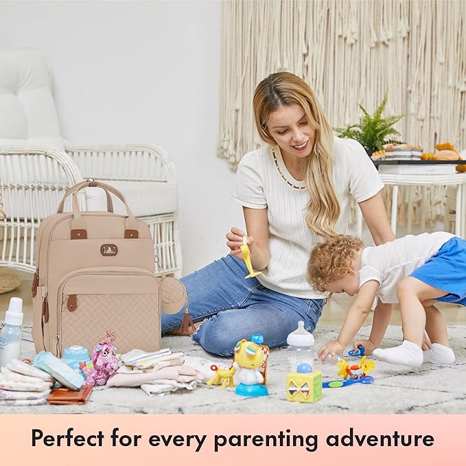 Dikaslon Diaper Bag Backpack with Portable Changing Pad, Pacifier Case and Stroller Straps, Large Unisex Baby Bags for Boys Girls, Multipurpose Travel Back Pack for Moms Dads, Milk Tea Khaki