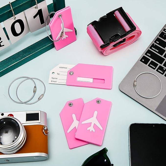 Weewooday 8 Pcs Luggage Straps Suitcase Tags Set for TSA Approved, 4 Travel Adjustable Suitcase Belt, 4 Silicone Luggage Tags with Name ID Card Travel Accessories(Pink,Airplane)