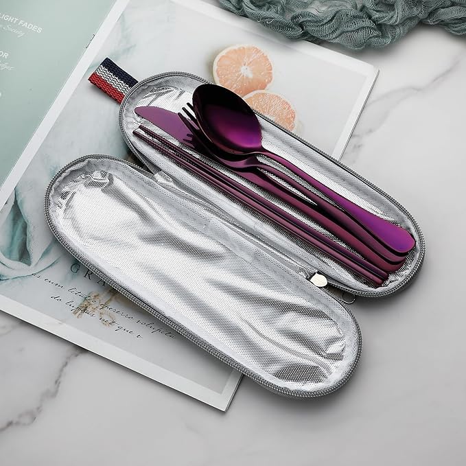 DEVICO Camping Utensils, Portable Travel Utensils with Case, Stainless Steel Reusable Silverware for Lunch Adult, 5Pcs Cutlery Set Includes Knife Spoon Fork Chopsticks and Case (Purple)