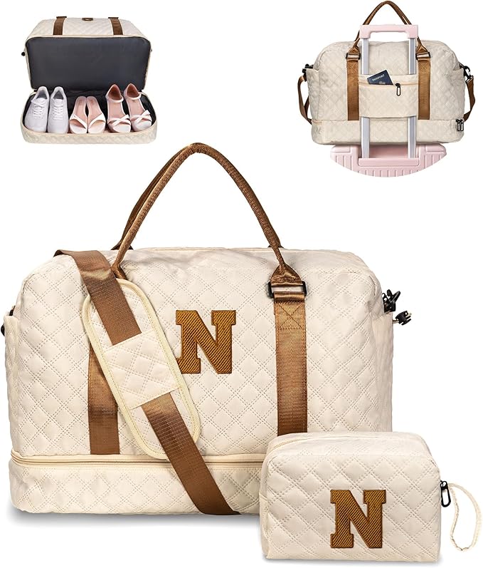 Gifts for Sister-Initial Duffle Bag with Shoe Compartment, Personalized Weekender Bag, Monogram Overnight Bag, Letter Travel Bag with Makeup Bag，Sister Friend Girlfriend Gifts (Letter N)