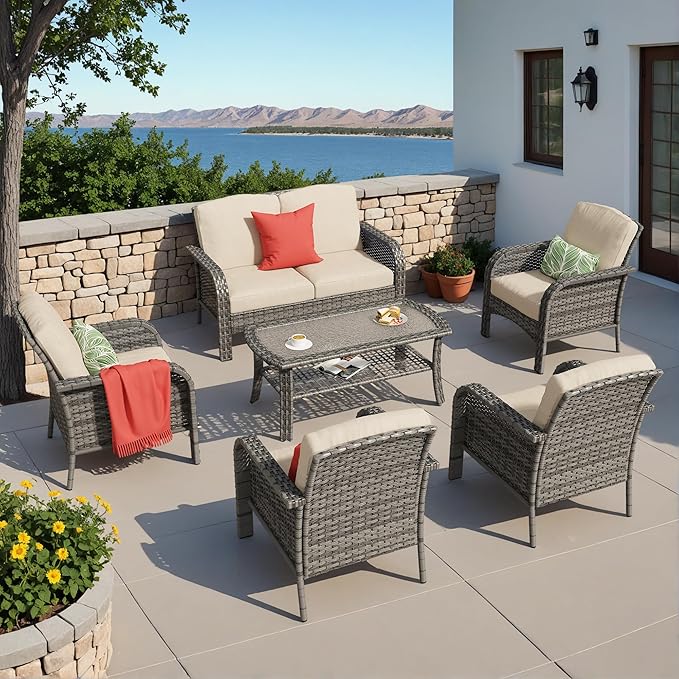 HOOOWOOO Patio Furniture Set,6 Pieces Outdoor Conversation Set,All Weather Wicker Loveseat Sofa Set with High Back Chairs Table,Beige