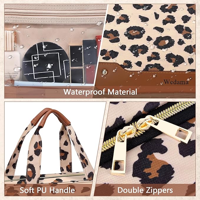 Wedama Toiletry Bag for Women, Hanging Travel Toiletry Bag with Jewelry Organizer Compartment Large Makeup Bag, PVC Waterproof Cosmetic Travel Bag Trips Camping Bathroom, Leopard Print