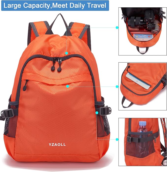 YZAOLL Small Lightweight Packable Hiking Backpack, 20L Hiking Backpack Day Pack for Women Men Travel Camping Vacation,Orange
