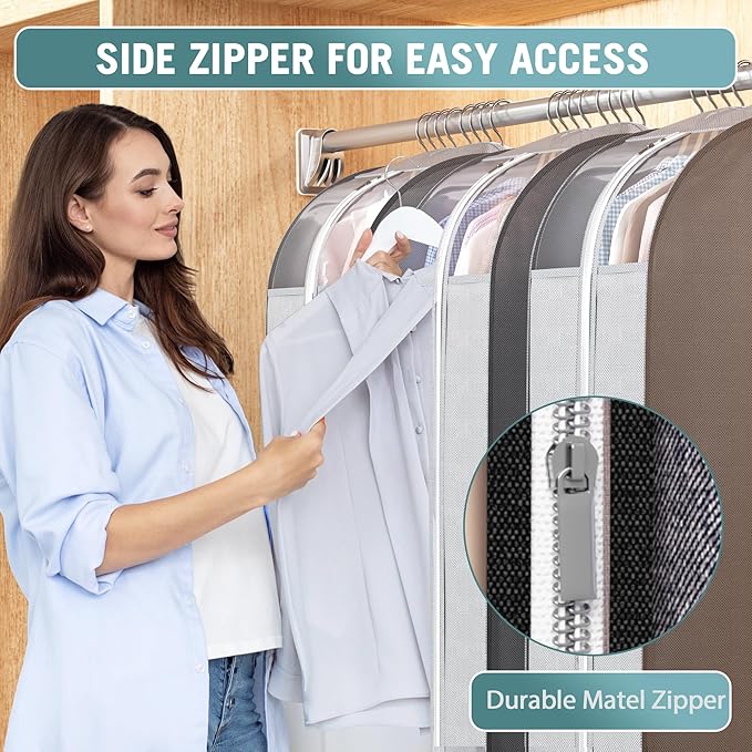10" Gusseted Garment Bags for Hanging Clothes with clear window, 60" Suit Bags for Open Closet Storage, Clothing Cover for Coat, Dress, Jacket, Shirt, Fur Wardrobe Protector, 3 Packs