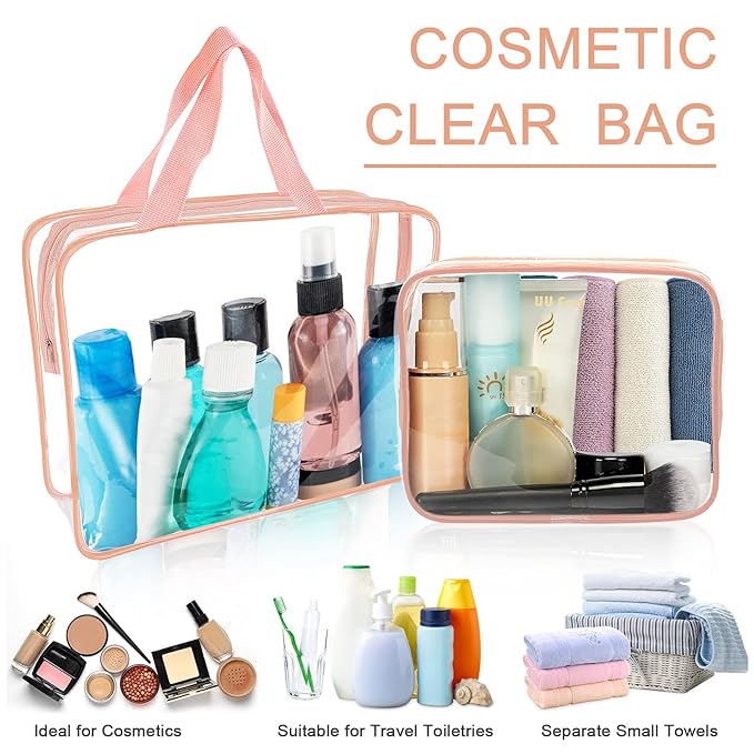 APREUTY Clear Makeup Bags, TSA Approved 6 Pcs Cosmetic Makeup Bags Set Clear PVC with Zipper Handle Portable Travel Luggage Pouch Airport Airline Vacation Organization (Pink)