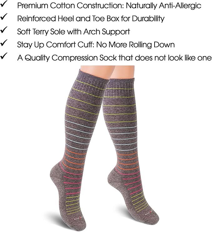 Cotton Compression Socks for Women & Men. 15-20 mmHg Support Knee-High Black Stripes S/M