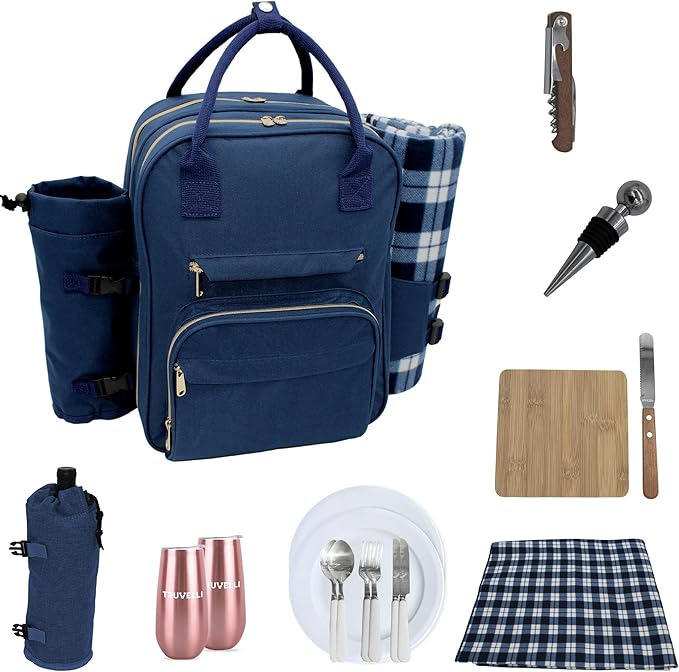 Truvelli Picnic Backpack for 2 with Blanket – 12-in-1 Insulated Picnic Basket Backpack Set with‬ Wine Holder, Cutlery & Cheese Board – Luxury Picnic Back Pack for Couples, Outdoor‬ Adventures, Blue