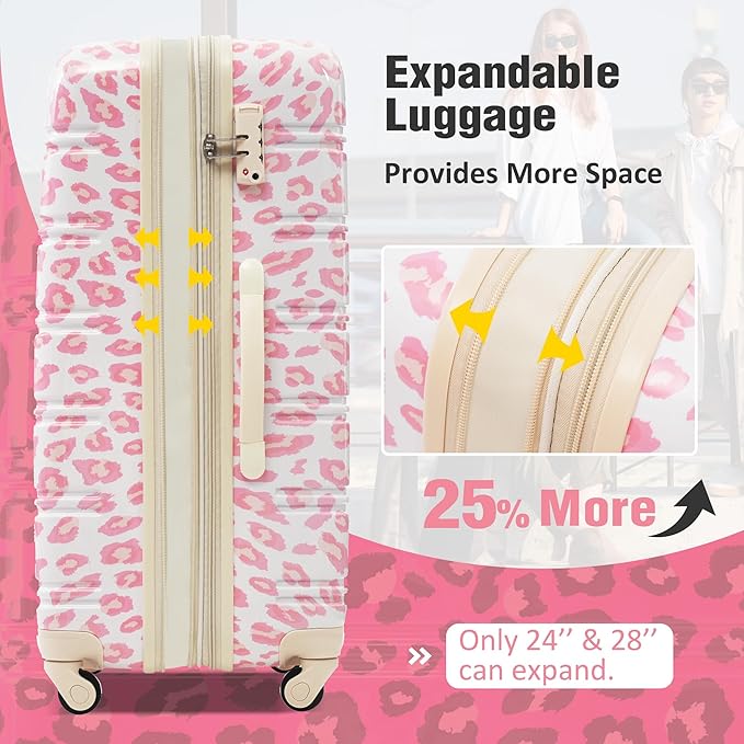 Merax Luggage Sets 3 Piece, Hardside Expandable Suitcase Set with Spinner Wheels, Lightweight Leopard Luggage 20+24+28 IN, Leopard Pink