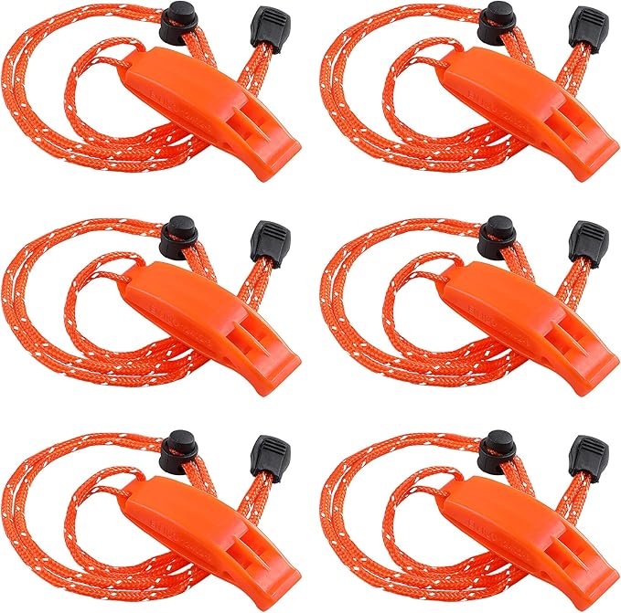 JULBEAR 6PCS Safety Survival Whistles with Adjustable Reflective Lanyard Emergency Plastic Whistle Marine Whistle