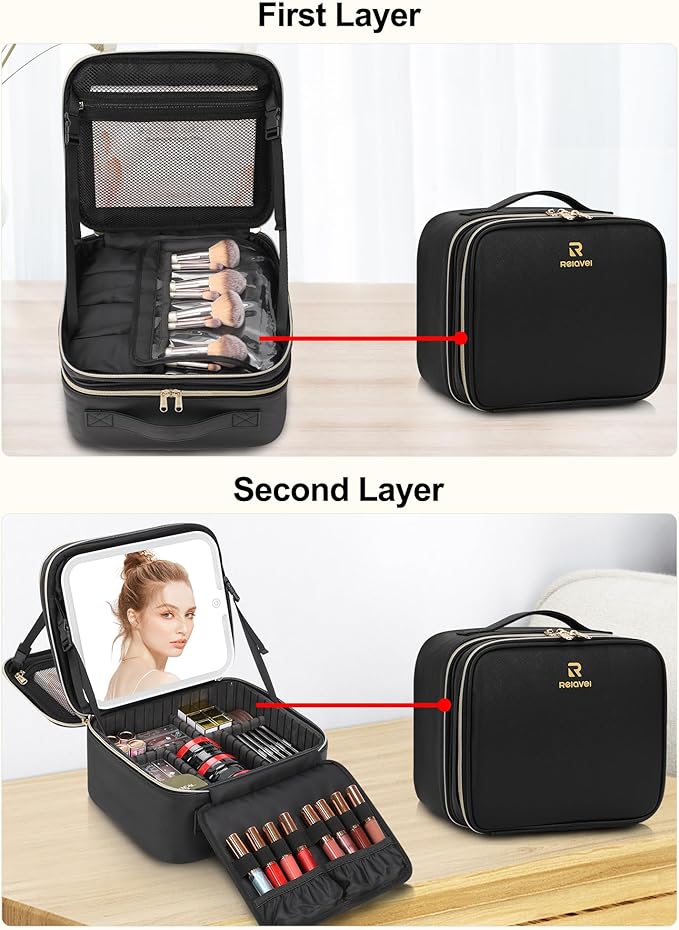 Travel Makeup Bag with LED Mirror Double Layer Makeup Case with Lighted Mirror Dual Layer Cosmetic Train Case Portable Artist Organizer Bag with Dividers and Rechargeable Vanity (Black, Small)