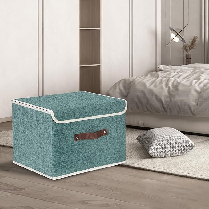 TYEERS Collapsible Storage Boxes, Washable Fabric Storage Bins with Lids, 14.9x9.8x9.8 inches, 3 Pack, Aqua Deep