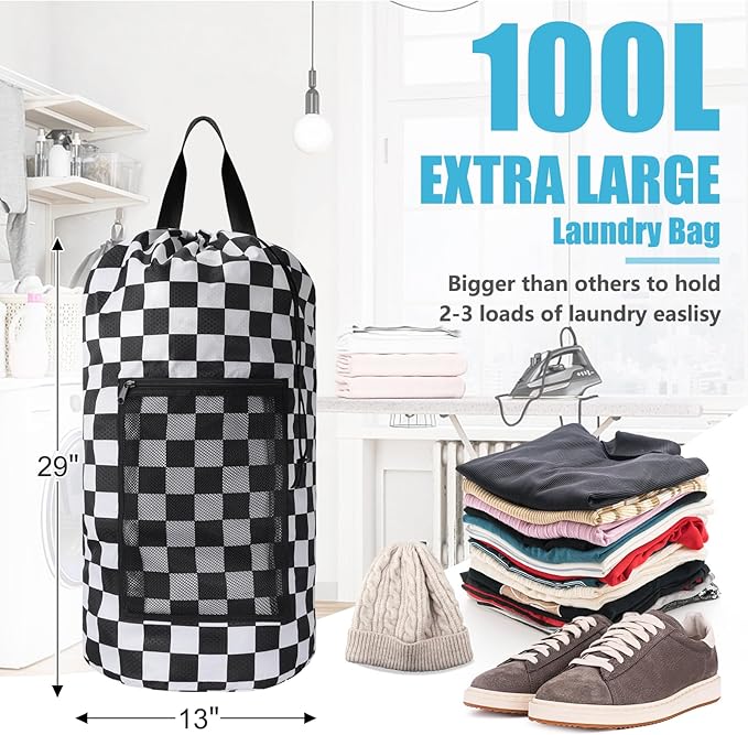 Positive Square Travel Laundry Bag Backpack, Portable with Adjustable Straps, Drawstring Closure & Mesh Pocket - Perfect for College, Apartment & Camping