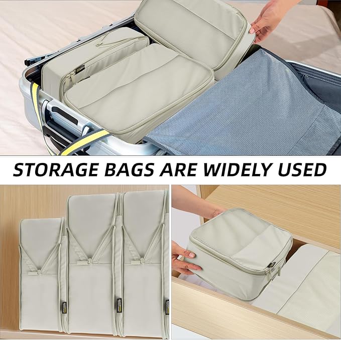 4 Piece Compression Packing Cubes for Suitcases and Backpack, Lightweight Travel Organizers (Off-White)