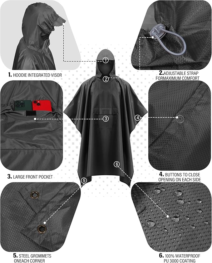 iCreek Hooded Rain Poncho with Pocket Waterproof Lightweight Unisex Raincoat Jacket for Hiking, Camping, Outdoor
