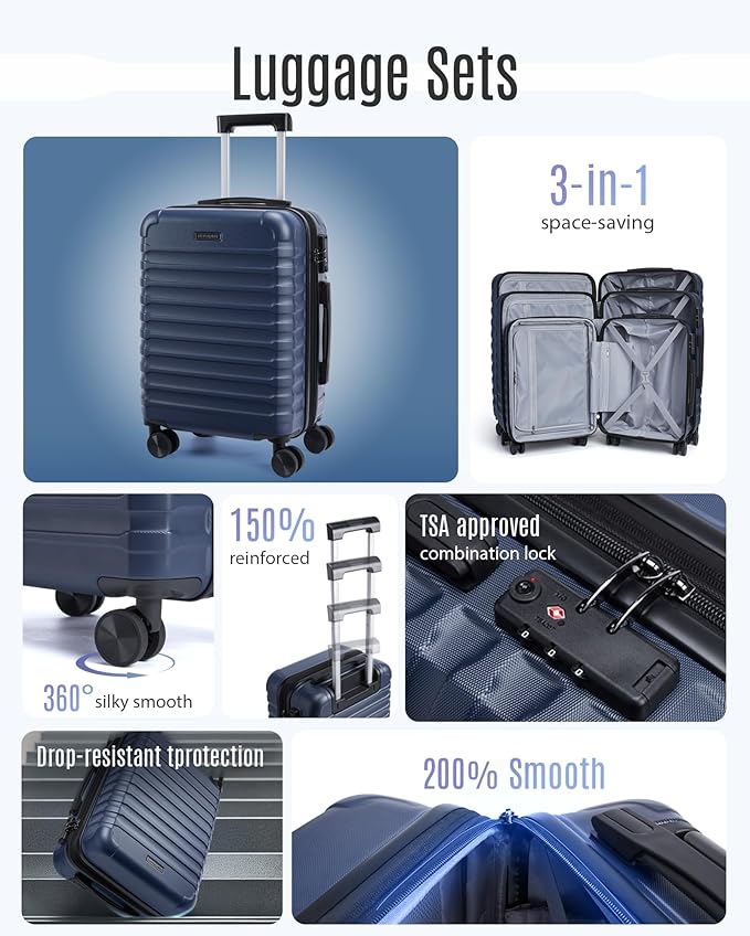 LIGHT FLIGHT Luggage Sets, 3 Piece Durable Suitcase Set with Spinner Wheels, 3 Pcs Hardside Lightweight luggage with TSA Lock, Large Checked Travel Suitcases, 20/24/28 Inch, Dark Blue