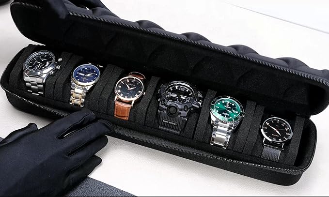 Watch roll travel case organizer for 6 watches, Storage Organizer and Display with innovative watch pillow, fit large up to 60mm faced watches (Black, 6 Slot)