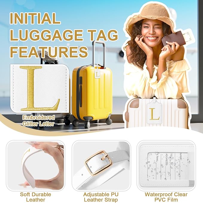 Personalized Initial Luggage Tags for Suitcase TSA Approved, White Leather Cute Luggage Tag with Privacy Cover Name Card, Embroidered Custom Luggage Tags Travel Baggage Tags Gifts for Women Kids(L)