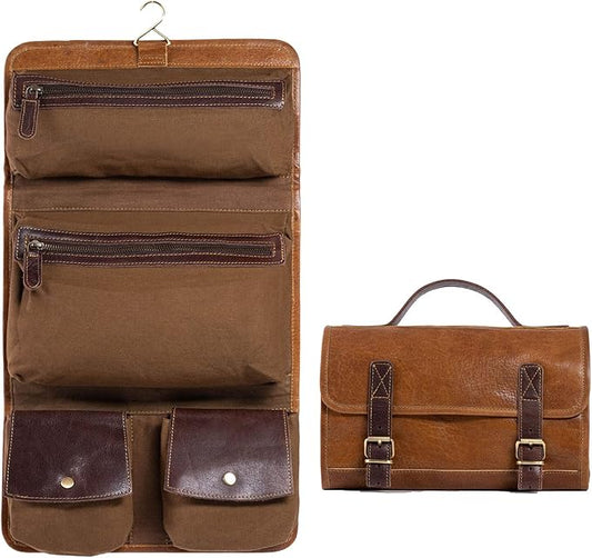 KomalC Premium Buffalo Leather Hanging Toiletry Bag Travel Dopp Kit