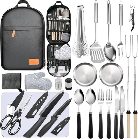 Camping Cooking Utensils Set - Camping Utensil Set Car Camping Cooking Essentials Gear for Camp Kitchen Cooking and Grilling, Stainless Steel & Silicone Ideal Gift for RV Tent Camper