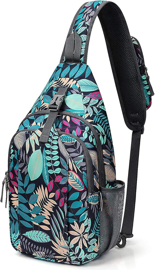 G4Free Sling Bag RFID Blocking Sling Backpack Crossbody Chest Bag Daypack for Hiking Travel(Blue Leaf)