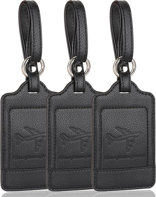 Teskyer Luggage Tags, 3 Pack Premium PU Leather Luggage Tags for Suitcases, Privacy Protection Travel Bag Tags, Lichee Black