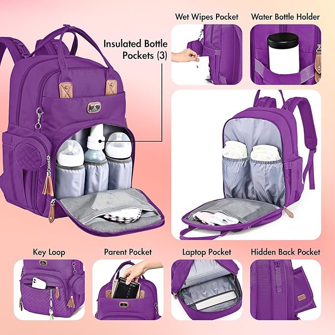 Dikaslon Diaper Bag Backpack with Portable Changing Pad, Pacifier Case and Stroller Straps, Large Unisex Baby Bags for Boys Girls, Multipurpose Travel Back Pack Moms Dads, Purple