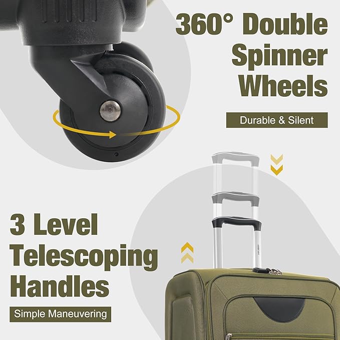 Merax Softside Luggage Set Softshell Lightweight 3 Piece Spinner Suitcase with Duffel Bag Expandable Upright Travel Luggage 22" 26" 30",Army Green