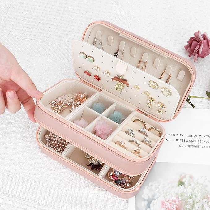 DesignSter Small Travel Jewelry Box with Double Zipper, 2 Layers PU Portable Jewelry Case for Women and Girls,Travel Jewelry Organizer for Rings, Earrings, Necklaces, Bracelets,Pink